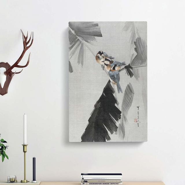 Three Birds on a Branch by Watanabe Seitei - Wrapped Canvas Painting Print East Urban Home Size: 91cm H x 60cm W x 3cm D on Productcaster.