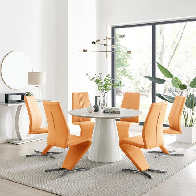 Edzard Statement 6 Person Round Dining Table Set in Luxury Beige Stone Effect - Faux Leather Dining Chairs Canora Grey Chair Colour: Mustard/Silver on Productcaster.