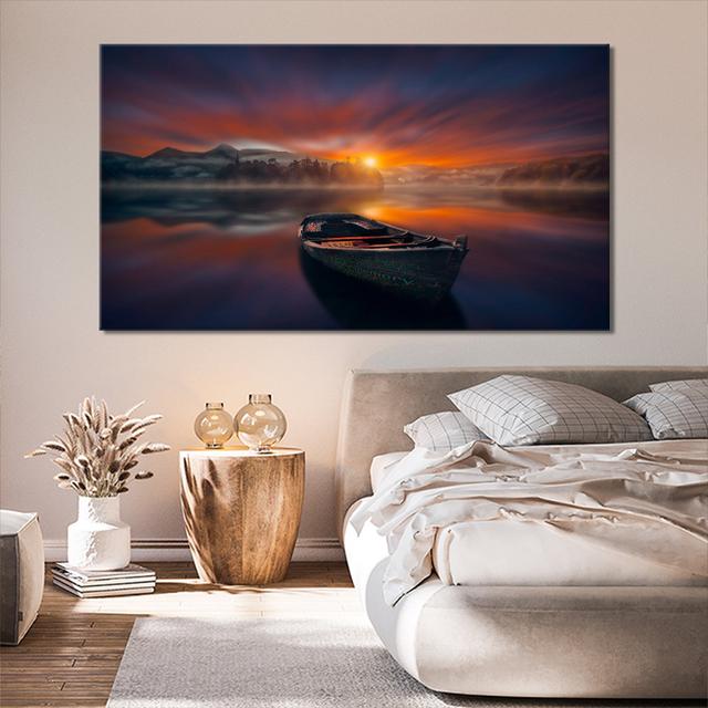 Tranquil Lake Sunrise Nature Canvas Art (50X30 Inches) M2M Prints Size: 51cm H x 76cm W on Productcaster.