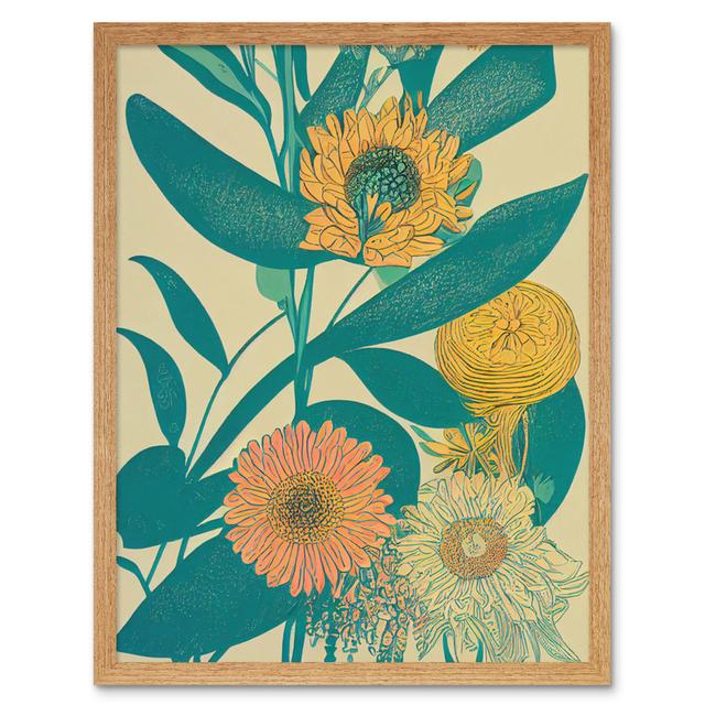 Marigold Daisy Flowers Turquoise Leaves Abstract - Print Wee Blue Coo Size: 25.9cm H x 20.6cm W x 1.5cm D, Format: Light Brown Framed Unframed on Productcaster.