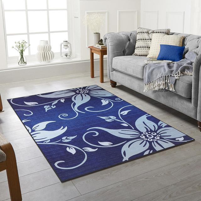 FLOWER Floral Machine Woven Blue Area Rug Rugs City Ltd Rug Size: Rectangle 80 x 150cm on Productcaster.