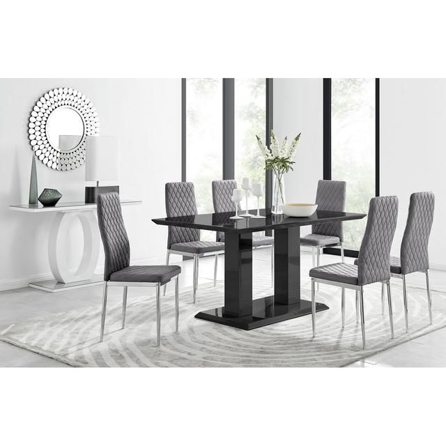 Edzard Double Pedestal High Gloss Dining Table Set with x6 Luxury Velvet Upholstered Dining Chairs Furniture Box Chair Colour: Grey/Silver, Table Colo on Productcaster.