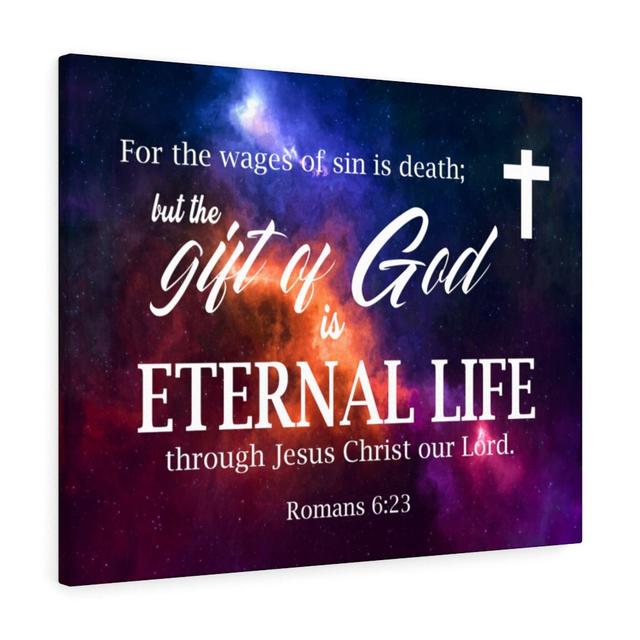 Gift of God Is Eternal Life Romans 6:23 - Wrapped Canvas Typography Blue Elephant Size: 30cm H x 41cm W on Productcaster.