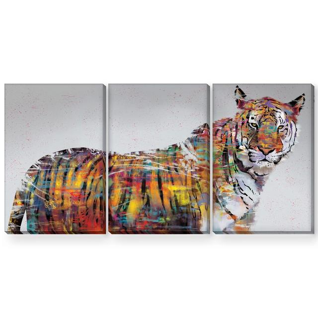 Graffiti Tiger - 3 Piece Graphic Art Set on Canvas Clock Canvas Format: Wrapped Canvas, Size: 70cm H x 150cm W x 3.8cm D on Productcaster.