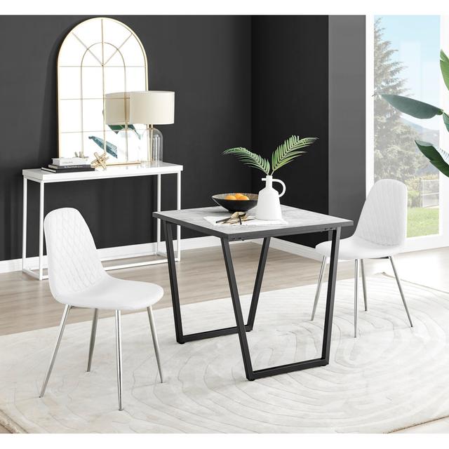 Industrial Design White & Grey Marble Effect Melamine Dining Table Set with 2 Faux Leather Chairs Canora Grey Colour (Chair): White/Silver on Productcaster.