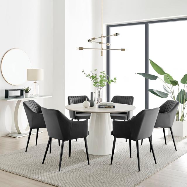 Edzard Statement 6 Person Round Dining Table Set in Luxury Stone Effect - Velvet Dining Chairs Canora Grey Chair Colour: Black on Productcaster.