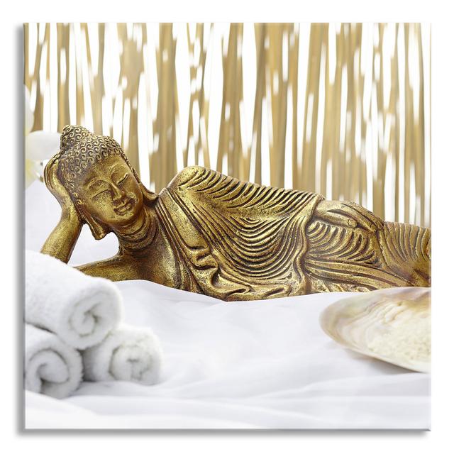 Golden Buddha on a Towel - Unframed Photograph on Glass Latitude Vive Size: 80cm H x 80cm W x 0.4cm D on Productcaster.