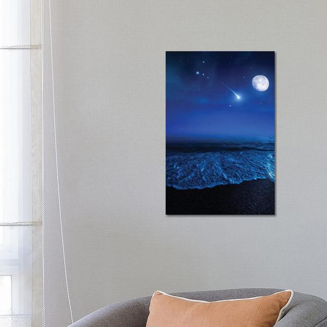 Tranquil Ocean At Night Against Starry Sky, Moon And Falling Meteorite House of Hampton Size: 66.04cm H x 45.72cm W x 3.81cm D on Productcaster.