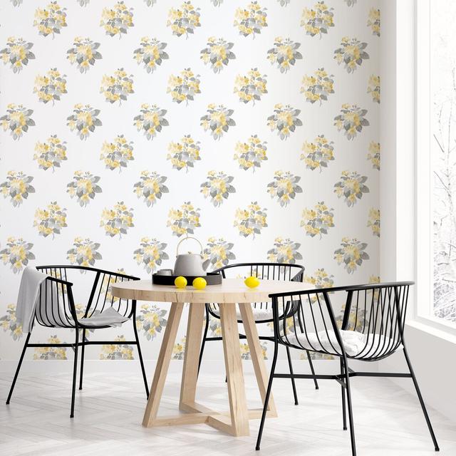 Batres 10m x 53cm Matte Wallpaper Roll Marlow Home Co. Colour: White/Yellow on Productcaster.