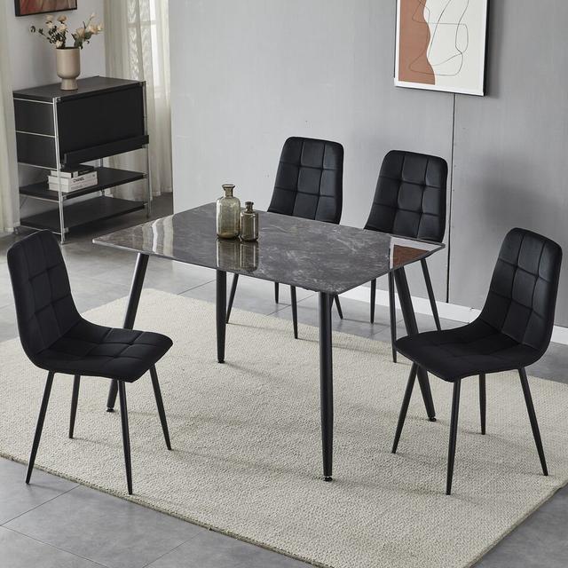 Top Dining Table & 4 Plush Velvet Chairs With Metal Leg Set Crimea Shinny (Set of 5) George Oliver Table Top Colour: Black, Size: 21"H x 92"L x 15"W, on Productcaster.