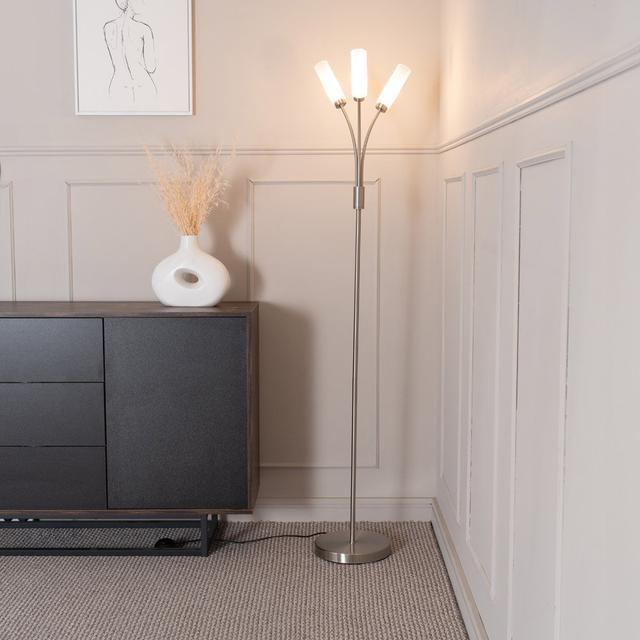 Abrianne Matt Black 3 Way Curved Arm Reed Shaded Upright Floor Lamp with LED Bulbs Fairmont Park Bulb Included: No, Base Finish: Brushed Chrome on Productcaster.