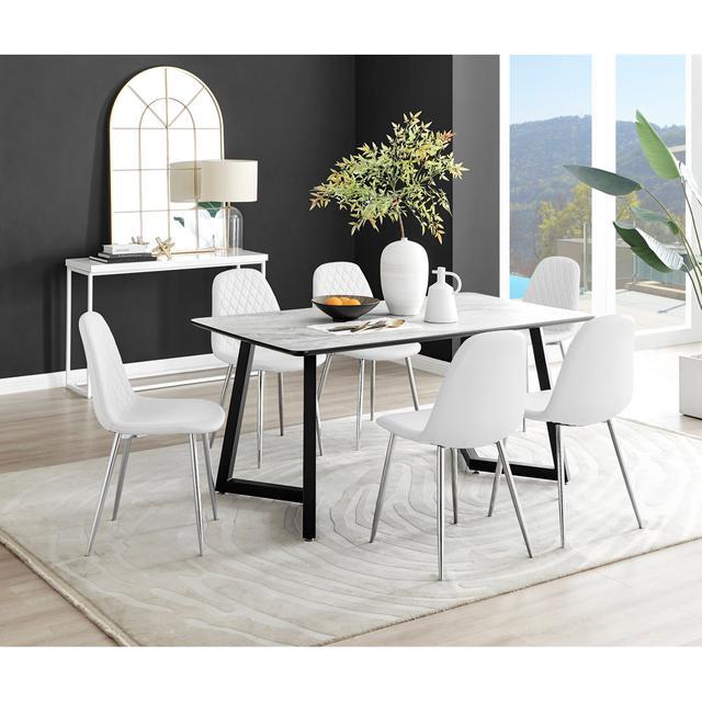 White Marble Effect Melamine Dining Table Black Legs & 6 Luxury Faux Leather Chairs Modern Design Canora Grey Colour (Chair): White/Silver on Productcaster.