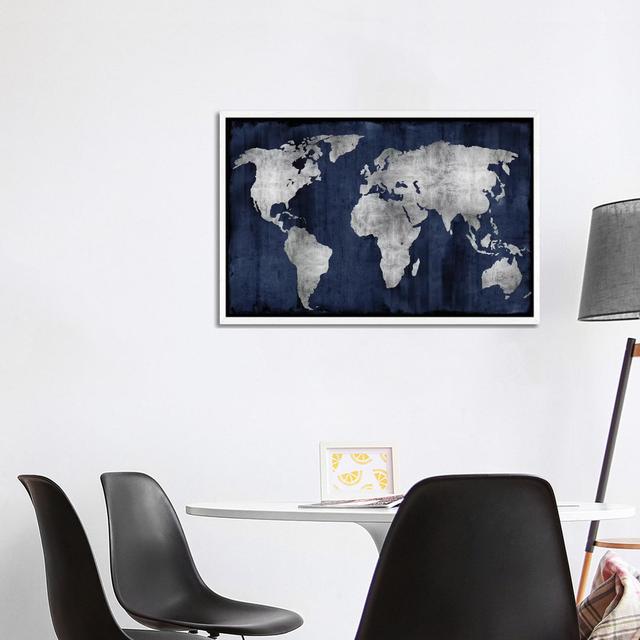 The World - Silver On Blue by Russell Brennan - Print on Canvas Trent Austin Design Format: White Floater Framed, Size: 66.04cm H x 101.6cm W x 3.8cm on Productcaster.