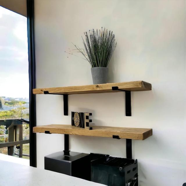 Set Of 2 Handcrafted Tudor Wooden Wall-Mounted Floating Shelves With Black L Brackets, Made From Solid Timber Shelf Alpen Home Finish: Rustic Pine, Si on Productcaster.