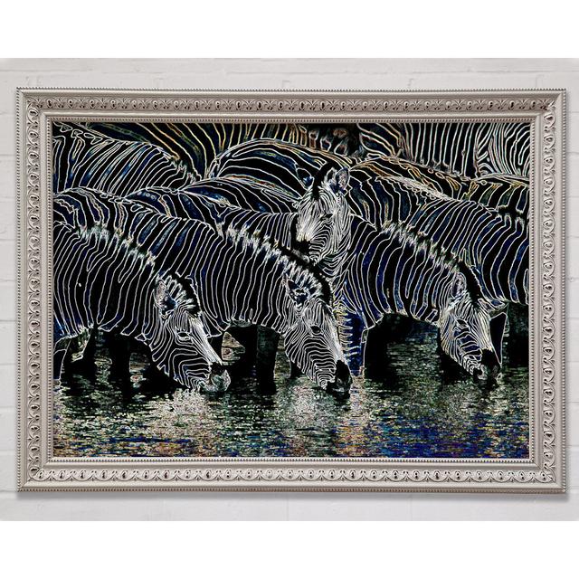 Zebra am Wasserloch Gerahmter Druck Wandkunst Gracie Oaks Größe: 100 cm H x 141,4 cm B x 3,4 cm T, Format: Poster mit silberfarbenem Rahmen on Productcaster.