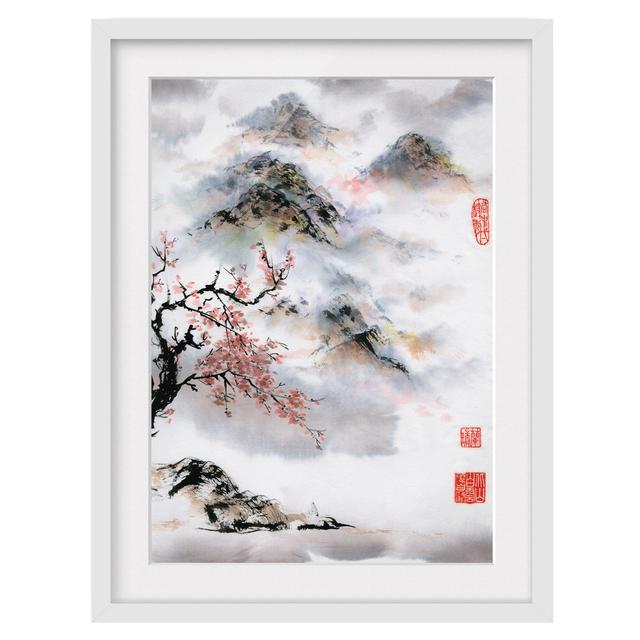 Japanese Watercolour Cherry Tree and Mountains - Picture Frame Painting Marlow Home Co. Size: 40cm H x 30cm W x 2cm D, Frame Option: White Framed on Productcaster.