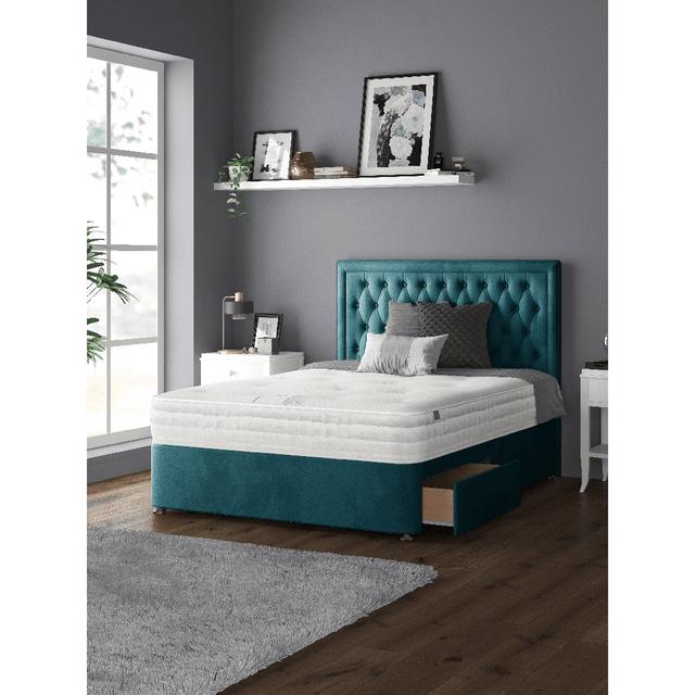 Sandringham Bordered Floor Standing Headboard with Plush Velvet with Matching Buttons And Metal Feet Mercer41 Colour: Mallard, Storage Type: 2 Foot-en on Productcaster.