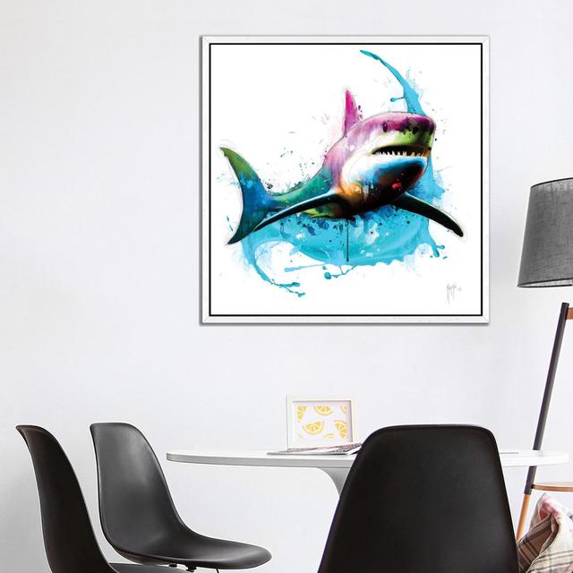 Shark by Patrice Murciano - Floater Frame Gallery-Wrapped Canvas Giclée on Canvas Beachcrest Home Size: 93.98cm H x 93.98cm W, Frame Colour: White on Productcaster.