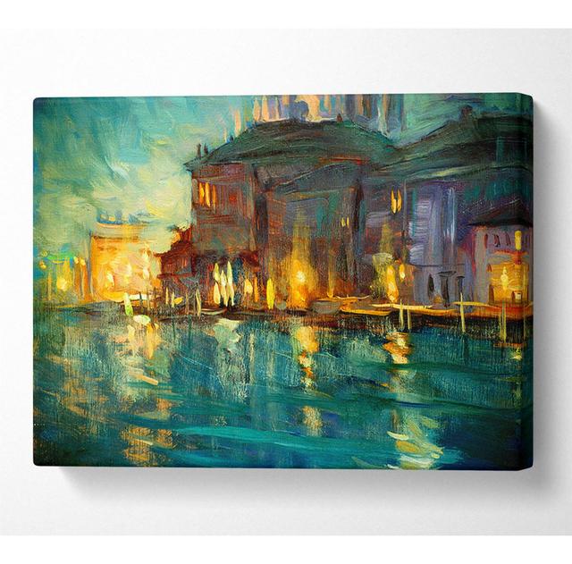 Water Reflections Town Lights - Wrapped Canvas Painting Marlow Home Co. Size: 35.6cm H x 50.8cm W on Productcaster.