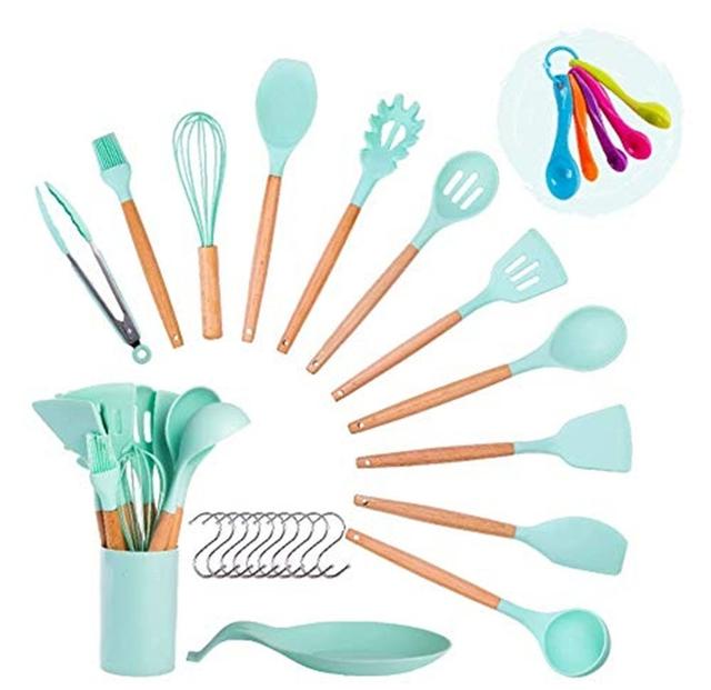 Cooking Utensils Set, Kitchen Utensils Set, Including Measuring Spoon Set, Placing Mat, Utensil Holder, Silicone Kitchen Utensil Set (Green) Belfry Ki on Productcaster.