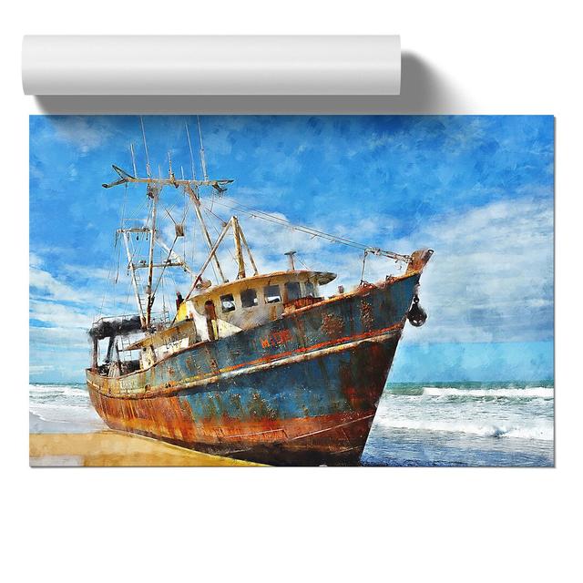 Boat Wreck On The Beach - No Frame Painting East Urban Home Size: 21cm H x 30cm W x 0.1cm D on Productcaster.