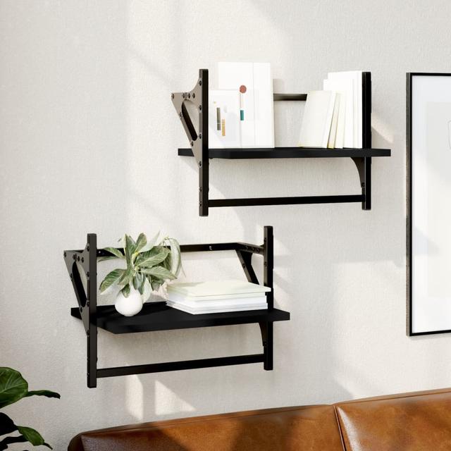 Set Of 2 Brown Oak Wall Shelves With Bars - 40X25x30 Cm - Stylish And Functional (Set of 2) 17 Stories Finish: Black on Productcaster.