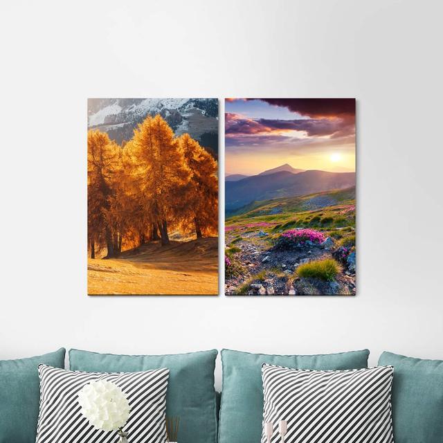 2-tlg. Leinwandbilder-Set - Fotografie „Mountain Landscape Trees Mountains Clouds Sunset Spring Silence” East Urban Home on Productcaster.