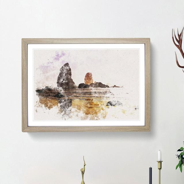 Rock Formations on a Beach in Oregon Watercolour - Picture Frame Graphic Art Print East Urban Home Size: 36cm H x 48cm W x 2cm D, Frame Option: Oak Fr on Productcaster.