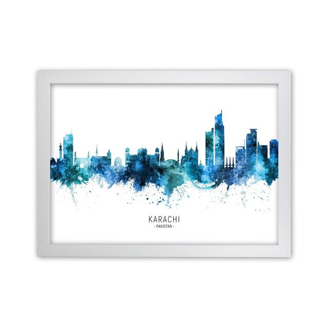 Karachi Pakistan Skyline Blue City Name by Michael Tompsett - Graphic Art Ebern Designs Format: White Framed, Size: 25cm H x 34cm W x 3cm D on Productcaster.