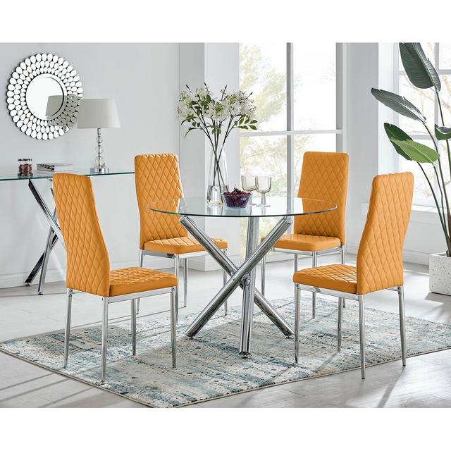 Eubanks Modern Round Dining Table Set in Glass and Chrome with 4 Luxury Faux Leather Chairs Canora Grey Colour (Chair): Mustard Yellow on Productcaster.