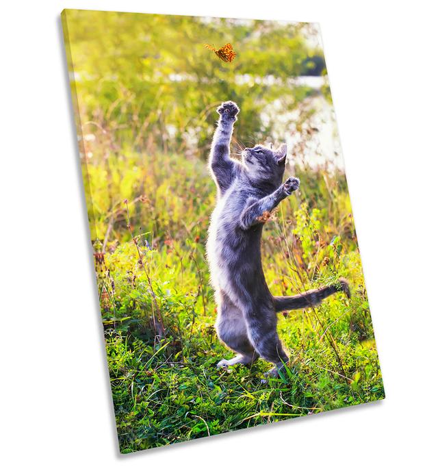 Cat Kitten Playing Picture Green - Wrapped Canvas Art Prints Marlow Home Co. Size: 137.2" H x 91.4" W x 4" D on Productcaster.