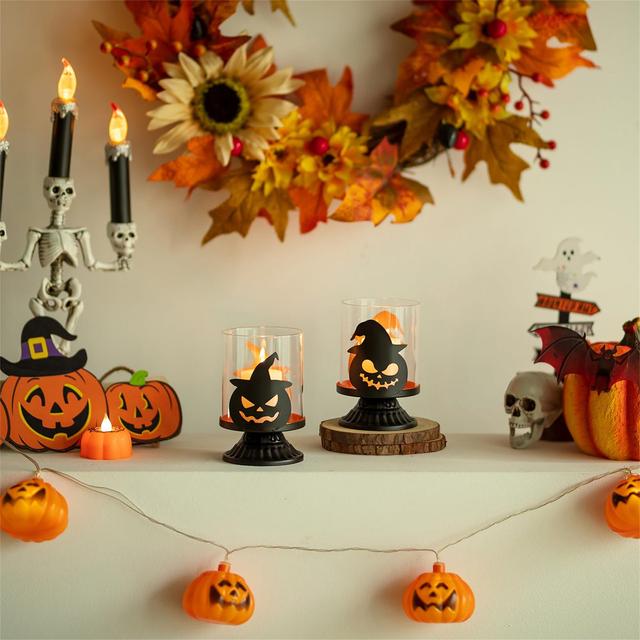 Halloween Pumpkin Candle Holders: Gothic Tea Light Candle Holders Set Of 2, Black And Orange The Seasonal Aisle on Productcaster.