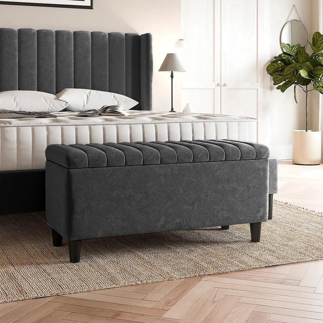 Plush Velvet Lined Upholstered Ottoman Storage Box with Wooden Legs R&M Furnishers Upholstery Colour: Steel Grey, Size: 45cm H X 150cm W X 40cm D on Productcaster.