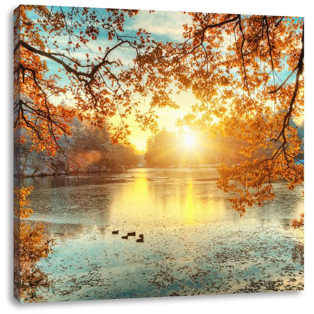 Leinwandbild Autumn Trees Around Lake at Sunset Alpen Home Maße: 60 cm H x 60 cm B x 1,8 cm T on Productcaster.