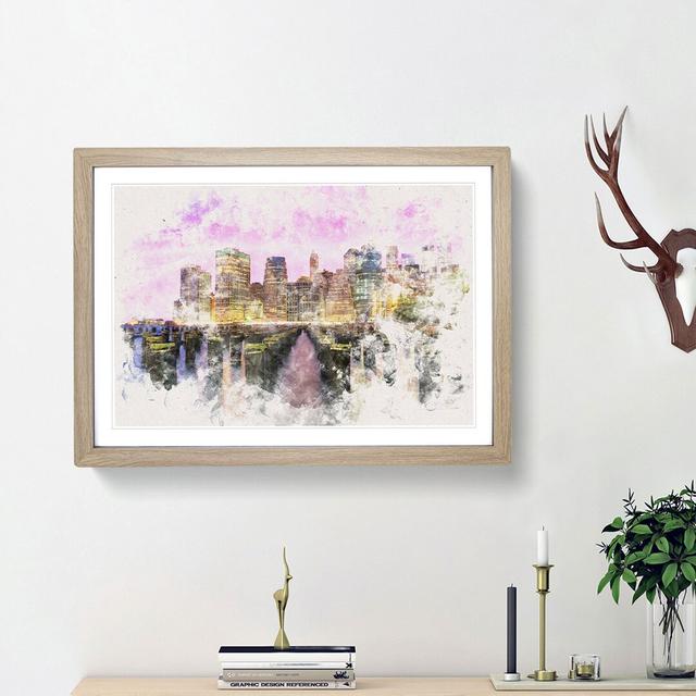 Manhattan from Brooklyn Bridge Watercolour - Picture Frame Graphic Art Print East Urban Home Size: 33cm H x 45cm W x 2cm D, Frame Option: Oak Framed on Productcaster.