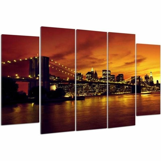 The Brooklyn Bridge and Manhattan at Sunset - 5 Piece Photographic Print Set on Canvas Brayden Studio Size: 100cm H x 150cm W on Productcaster.