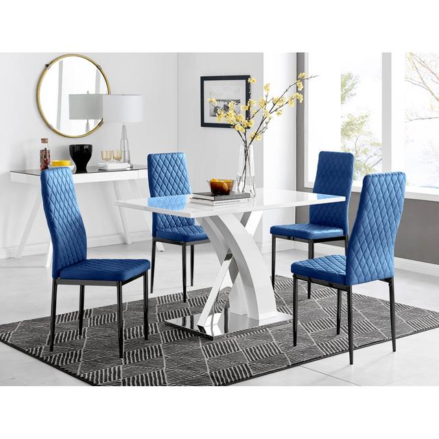 Marietta Chrome Metal and White High Gloss Dining Table Set - 4 Luxury Velvet Dining Chairs Furniture Box Chair Colour: Navy/Black on Productcaster.