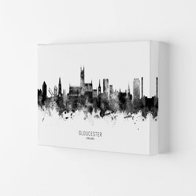 Gloucester England Skyline Black White City Name by Michael Tompsett - Graphic Art Latitude Run Size: 21cm H x 29.7cm W x 4cm D, Format: Wrapped Canva on Productcaster.