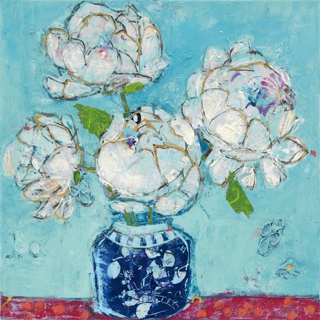 Vase of Peonies Aqua - Wrapped Canvas Painting ClassicLiving Size: 91cm H x 91cm W x 3.8cm D on Productcaster.