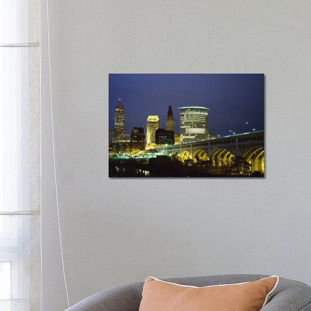 Bridge In A City Lit Up At Night, Detroit Avenue Bridge, Cleveland, Ohio, USA - Wrapped Canvas Print Latitude Run Size: 45.72cm H x 66.04cm W x 3.81cm on Productcaster.