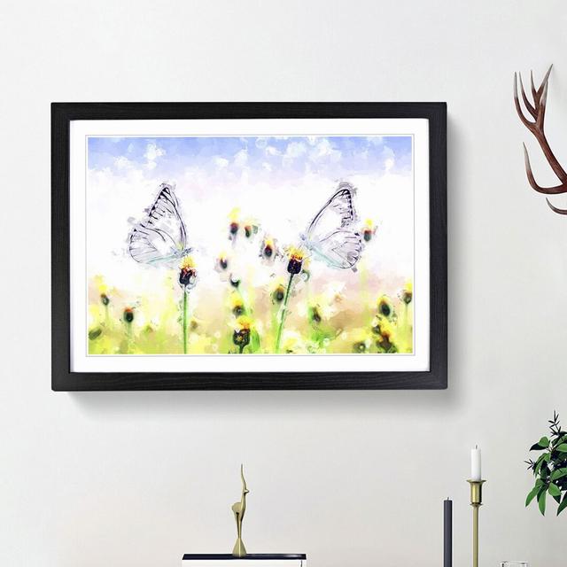 Two Butterflies upon Yellow Flowers in Abstract - Picture Frame Painting Print East Urban Home Size: 62cm H x 87cm W x 2cm D, Frame Option: Black Fram on Productcaster.