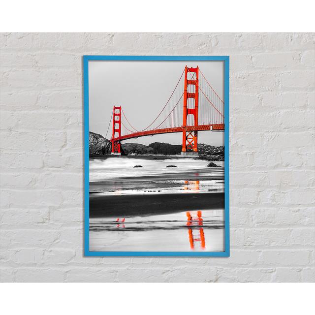 Gerahmtes Leinwandbild Gate Bridge Reflections Brayden Studio Größe: 42 cm H x 29,7 cm B x 2 cm T, Format: Poster mit blauem Rahmen on Productcaster.