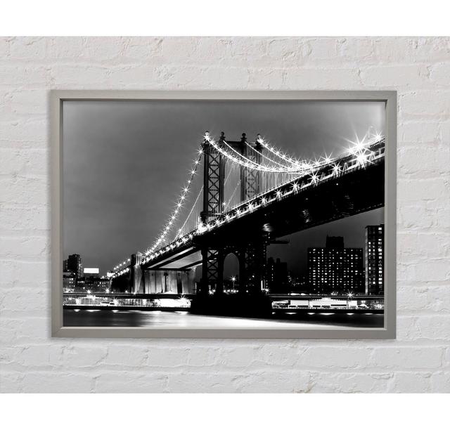 Brooklyn Bridge Lights B N W Framed Print Ebern Designs Size: 100cm H x 141.4cm W x 3.3cm D, Format: Light Grey Framed Canvas on Productcaster.