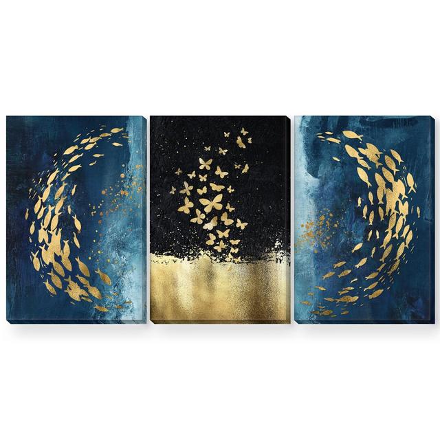 Golden Fish - 3 Piece Graphic Art Set on Canvas Clock Canvas Format: Wrapped Canvas, Size: 100cm H x 225cm W x 3.8cm D on Productcaster.