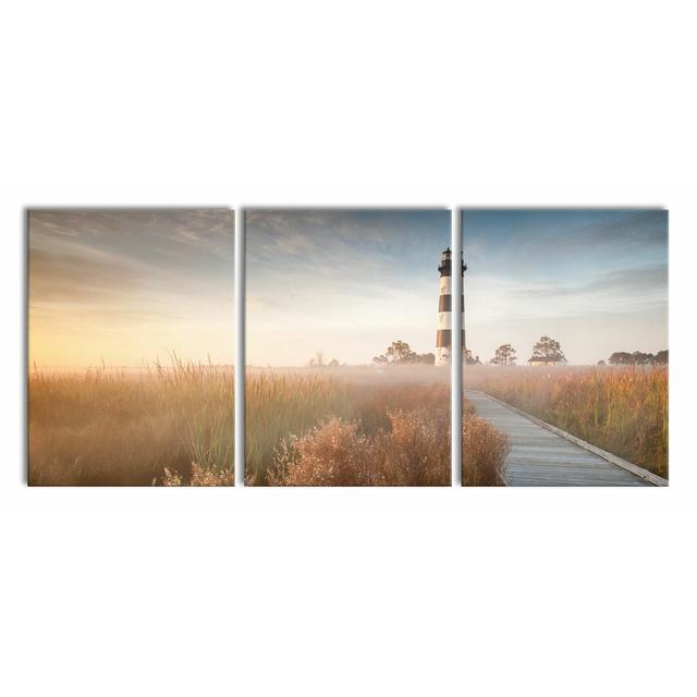 Lighthouse in the Fog 3-Piece Photograph Set on Canvas East Urban Home Size: 80cm H x 180cm W on Productcaster.