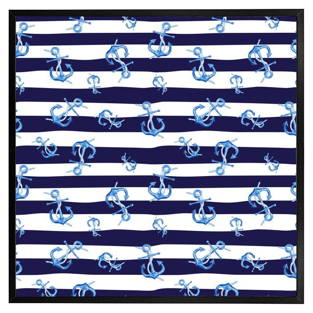 Lunora Blue Anchors On Navy Striped - Single Picture Frame Art Prints World Menagerie Size: 51cm H x 51cm W x 4cm D, Frame Colour: Black Framed on Productcaster.