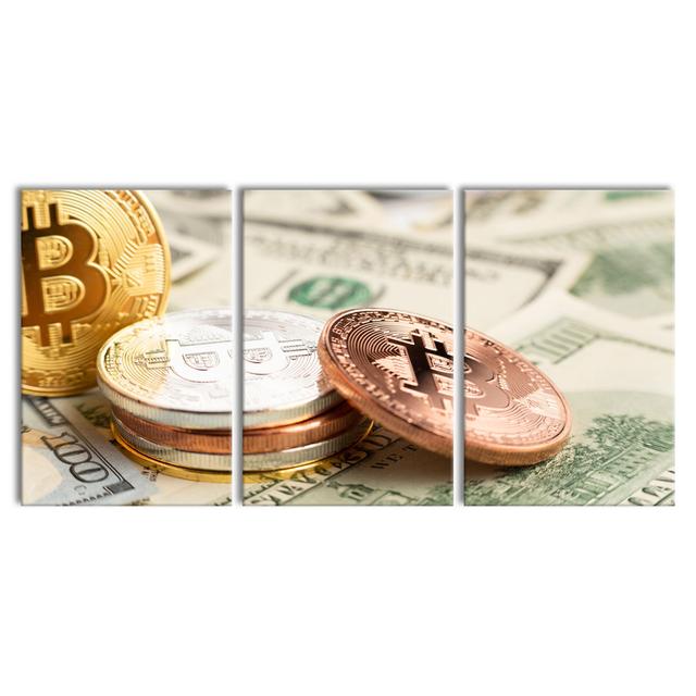 Bitcoins BTC on Dollar Bills - Wrapped Canvas Photograph Latitude Run Format: 3 piece Canvas set, Size: 60cm H x 180cm W x 2cm D on Productcaster.