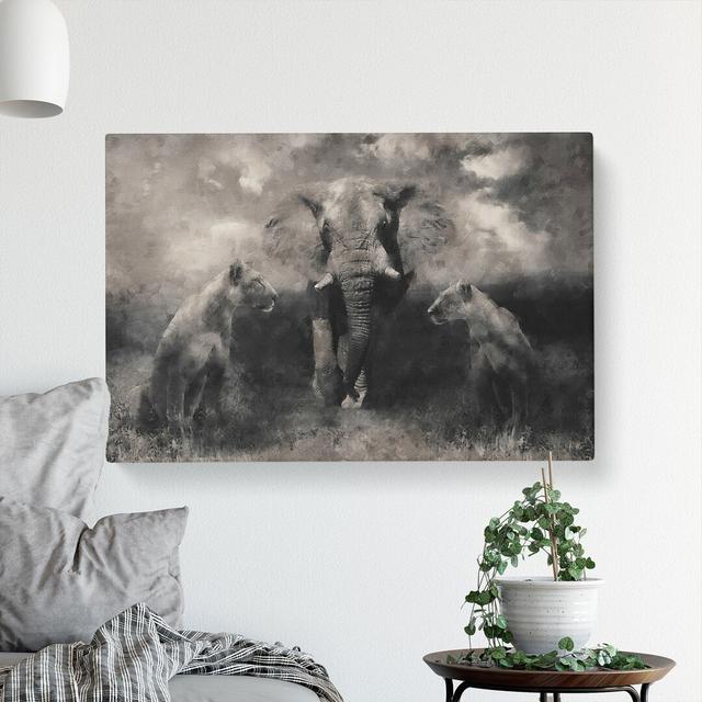 Elephant With Lions - Wrapped Canvas Print East Urban Home Size: 40cm H x 60cm W x 3cm D on Productcaster.