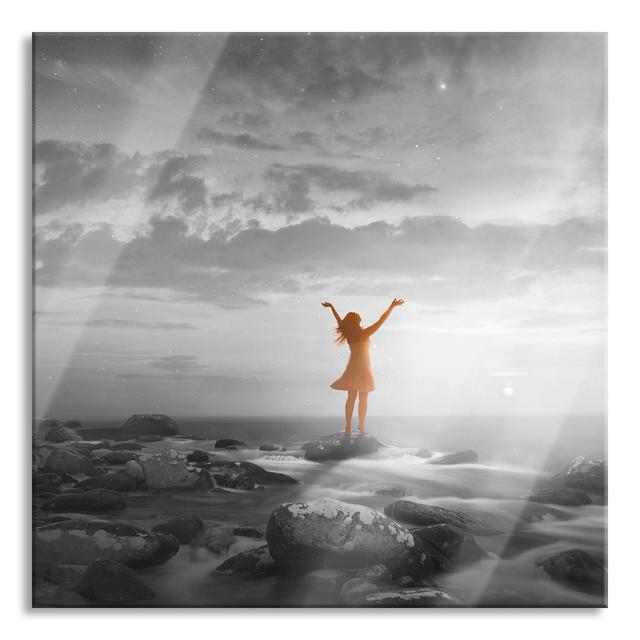 Woman Greets The Sunrise By The Sea - No Frame Print on Glass Brayden Studio Size: 80cm H x 80cm W x 0.4cm D on Productcaster.