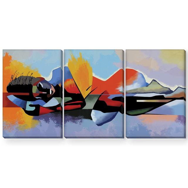 Reflection - 3 Piece Graphic Art Set on Canvas Clock Canvas Format: Wrapped Canvas, Size: 70cm H x 150cm W x 3.8cm D on Productcaster.